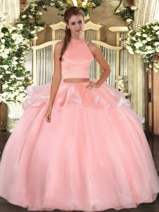 Pink Organza Backless Quinceanera Dresses Sleeveless Floor Length Beading