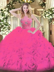 Sleeveless Tulle Floor Length Zipper Vestidos de Quinceanera in Hot Pink with Beading and Ruffles