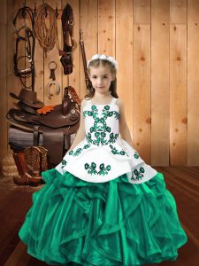 Affordable Turquoise Straps Neckline Embroidery and Ruffles Pageant Dress for Teens Sleeveless Lace Up