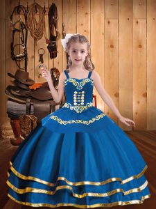 Floor Length Blue Child Pageant Dress Organza Sleeveless Embroidery and Ruffled Layers