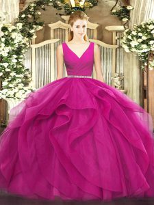 Suitable Sleeveless Floor Length Beading and Ruffles Zipper 15 Quinceanera Dress with Fuchsia