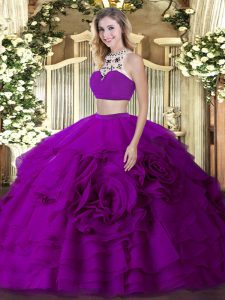 Noble High-neck Sleeveless Quinceanera Dresses Floor Length Beading and Ruffled Layers Fuchsia Tulle