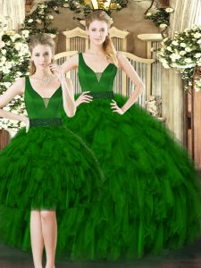 Stylish Ball Gowns Quince Ball Gowns Dark Green Straps Tulle Sleeveless Floor Length Lace Up