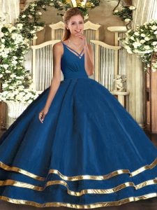 Blue Backless V-neck Ruching Quinceanera Gowns Tulle Sleeveless