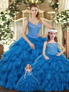 Stylish Straps Sleeveless Sweet 16 Dress Floor Length Beading and Ruffles Teal Organza