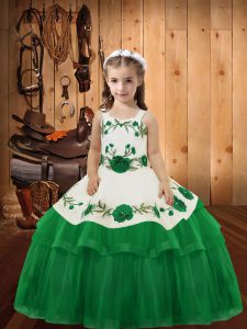 Straps Sleeveless Pageant Dress Floor Length Embroidery and Ruffled Layers Green Organza