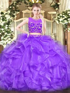 Lavender Quinceanera Dresses Military Ball and Sweet 16 and Quinceanera with Beading and Ruffles Scoop Sleeveless Zipper