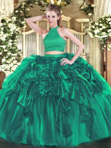 Turquoise Backless Ball Gown Prom Dress Beading and Ruffles Sleeveless Floor Length