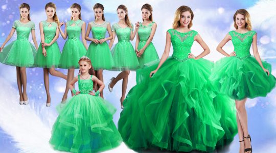 Exceptional Green Lace Up Scoop Beading and Ruffles Ball Gown Prom Dress Organza Sleeveless