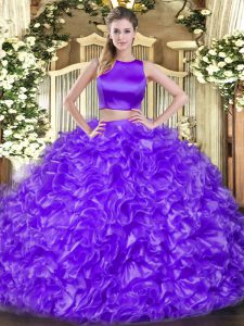 Great Floor Length Eggplant Purple Quinceanera Gowns Tulle Sleeveless Ruffles