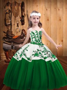 Sleeveless Tulle Floor Length Lace Up Kids Formal Wear in Dark Green with Embroidery