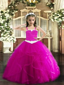 Affordable Straps Sleeveless Child Pageant Dress Floor Length Appliques and Ruffles Fuchsia Tulle