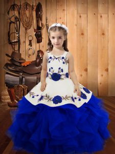 Fashionable Sleeveless Lace Up Floor Length Embroidery and Ruffles Little Girls Pageant Gowns