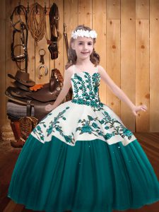 Straps Sleeveless Pageant Gowns For Girls Floor Length Embroidery Teal Tulle