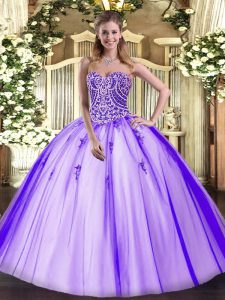 Fashionable Lavender Ball Gowns Sweetheart Sleeveless Tulle Floor Length Lace Up Beading Quinceanera Dresses