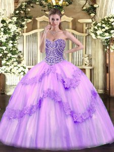 Hot Selling Lavender Sweet 16 Quinceanera Dress Military Ball and Sweet 16 and Quinceanera with Beading and Appliques Sweetheart Sleeveless Lace Up