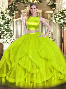 Yellow Green Sleeveless Tulle Criss Cross Sweet 16 Dresses for Military Ball and Sweet 16 and Quinceanera