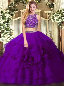 Floor Length Two Pieces Sleeveless Eggplant Purple Sweet 16 Quinceanera Dress Zipper