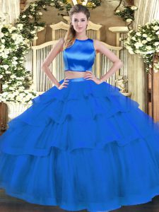 Spectacular Blue Sleeveless Ruffled Layers Floor Length Quince Ball Gowns