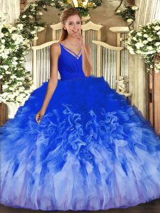 Fine V-neck Sleeveless 15th Birthday Dress Floor Length Beading and Ruffles Multi-color Tulle