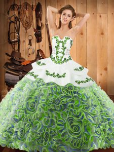 With Train Multi-color 15th Birthday Dress Satin and Fabric With Rolling Flowers Sweep Train Sleeveless Embroidery