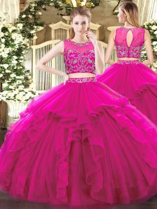 High Quality Fuchsia Scoop Neckline Beading and Ruffles Sweet 16 Dress Sleeveless Zipper