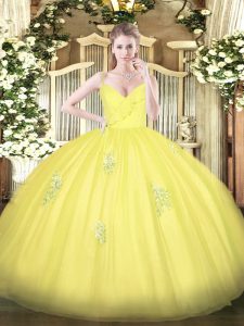 Inexpensive Floor Length Zipper Sweet 16 Quinceanera Dress Yellow for Military Ball and Sweet 16 and Quinceanera with Appliques