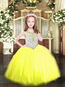 New Style Yellow Tulle Zipper Little Girl Pageant Dress Sleeveless Floor Length Beading