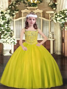 Straps Sleeveless Pageant Dress for Womens Floor Length Beading Yellow Green Tulle