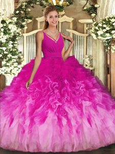 Ball Gowns Quinceanera Gown Multi-color V-neck Tulle Sleeveless Floor Length Backless