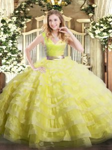 Organza V-neck Sleeveless Zipper Ruffled Layers Sweet 16 Dresses in Yellow Green