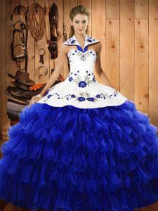 Deluxe Sleeveless Floor Length Embroidery and Ruffled Layers Lace Up 15th Birthday Dress with Royal Blue