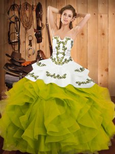 Olive Green Ball Gowns Satin and Organza Strapless Sleeveless Embroidery and Ruffles Floor Length Lace Up 15th Birthday Dress