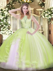 Yellow Green Ball Gowns Lace and Ruffles Quinceanera Dresses Backless Organza Sleeveless Floor Length