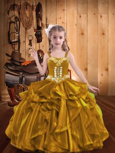 New Style Gold Lace Up Kids Pageant Dress Embroidery and Ruffles Sleeveless Floor Length