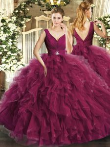 Ball Gowns Quince Ball Gowns Burgundy V-neck Tulle Sleeveless Floor Length Backless