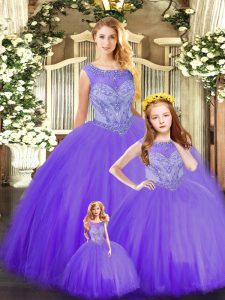 Purple Sleeveless Floor Length Beading Lace Up Quinceanera Gown