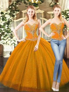 Sleeveless Tulle Floor Length Lace Up 15th Birthday Dress in Orange Red with Beading