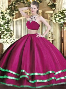 High-neck Sleeveless Backless Quinceanera Gowns Fuchsia Tulle