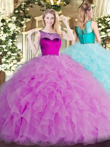 Clearance Scoop Sleeveless Ball Gown Prom Dress Floor Length Beading and Ruffles Lilac Organza