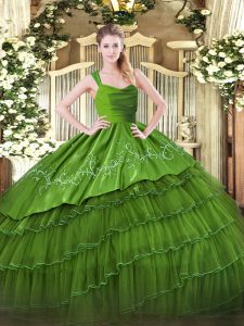 Organza and Taffeta Straps Sleeveless Zipper Embroidery and Ruffled Layers Vestidos de Quinceanera in Olive Green