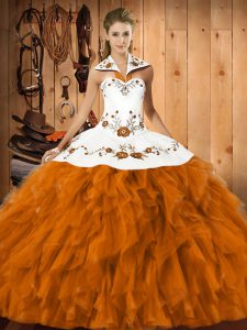 Smart Floor Length Orange Red Quince Ball Gowns Satin and Organza Sleeveless Embroidery and Ruffles