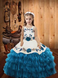 Fashionable Teal Organza Lace Up Straps Sleeveless Floor Length Kids Pageant Dress Embroidery and Ruffled Layers