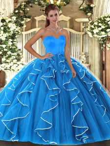 Chic Sleeveless Organza Floor Length Lace Up Quinceanera Gown in Baby Blue with Beading and Ruffles