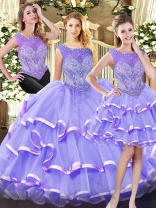 Lavender Zipper Scoop Beading and Ruffled Layers Ball Gown Prom Dress Organza Sleeveless