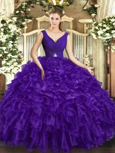 Ball Gowns Quinceanera Gowns Purple V-neck Organza Sleeveless Floor Length Backless