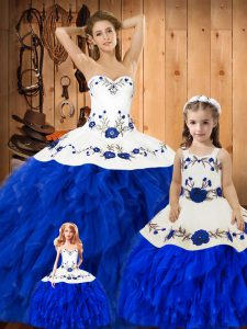High End Sleeveless Satin and Organza Floor Length Lace Up Sweet 16 Dress in Blue And White with Embroidery and Ruffles