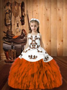 Elegant Orange Red Sleeveless Embroidery and Ruffles Floor Length Child Pageant Dress