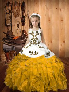 Gold Lace Up Straps Embroidery and Ruffles Child Pageant Dress Organza Sleeveless