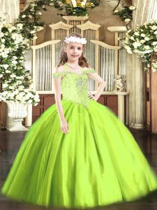 High Class Floor Length Yellow Green Pageant Dress for Womens Tulle Sleeveless Beading